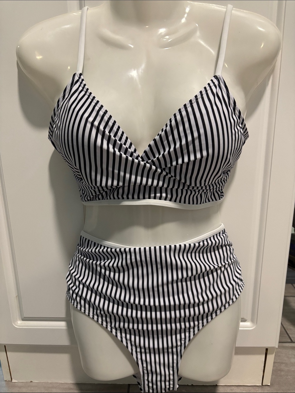 Striped High-Waist Bikini Set in Black & White